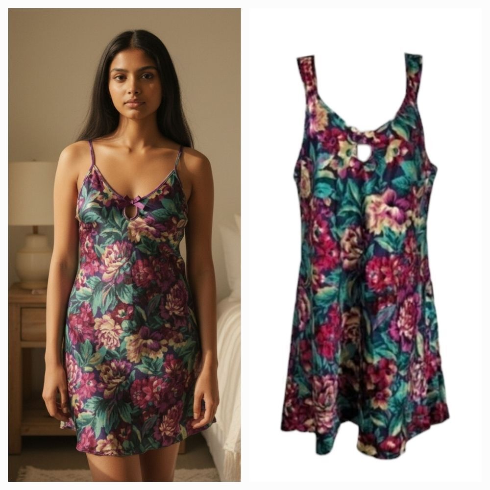 Vintage 80s Adonna Floral Satin Slip Chemise Nightie Size Medium